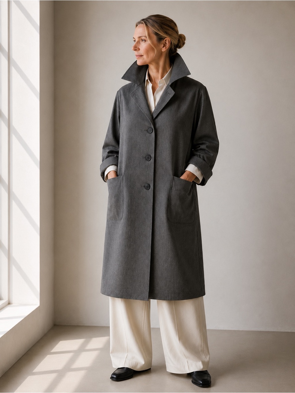 Oversized Wool Blend Pinstripe Duster Coat Shawl Collar Minimalist Long Jacket M